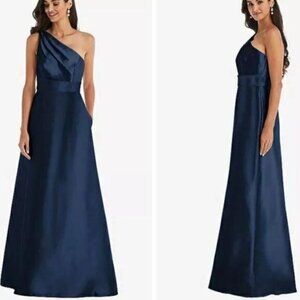 NEW Alfred Sung Draped One-Shoulder Satin Maxi Dress Midnight Navy, Size 2 D815S
